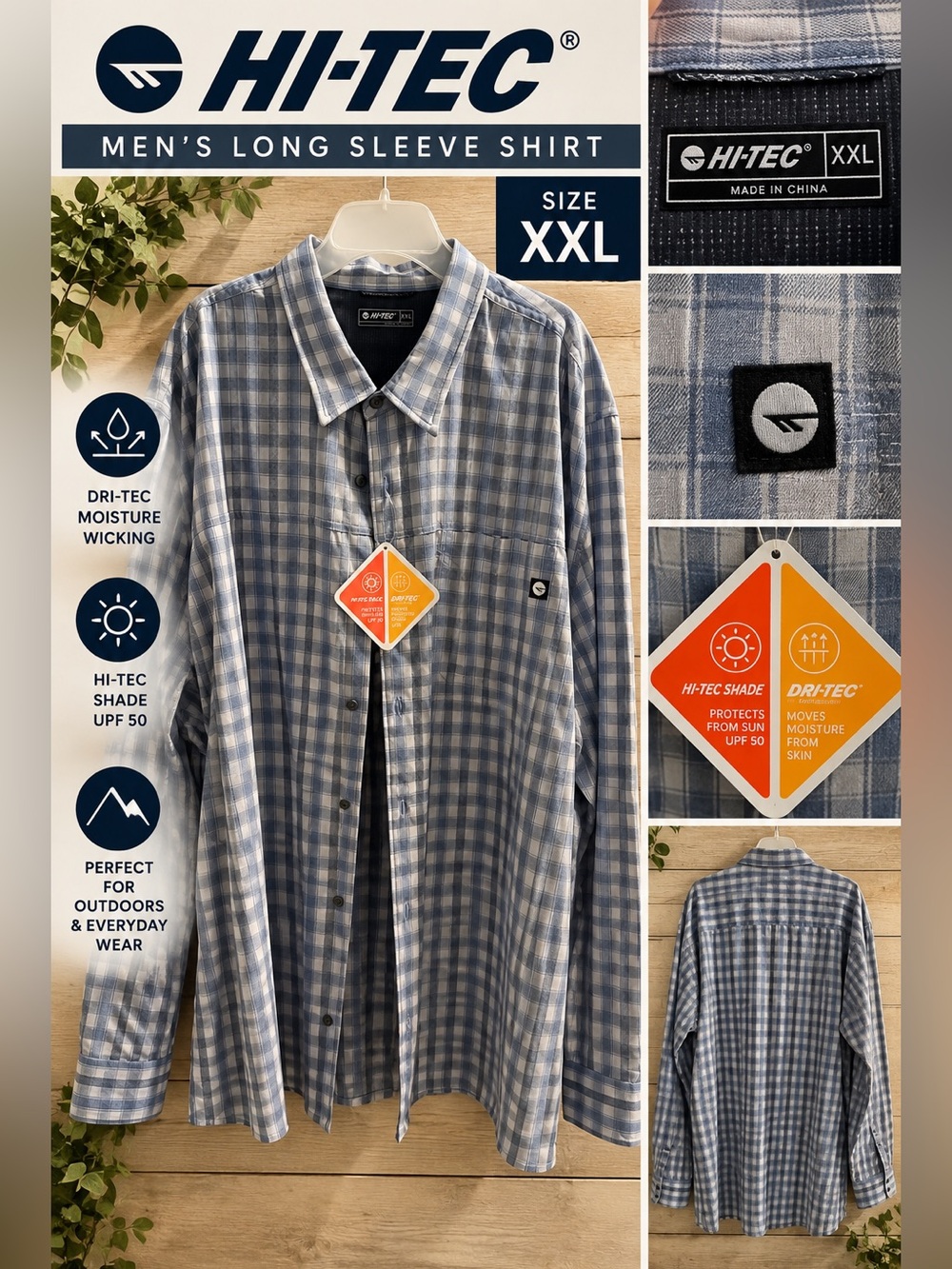 HI-TEC Men’s Plaid Performance Shirt XXL UPF 50 Dri-Tec NWT button down